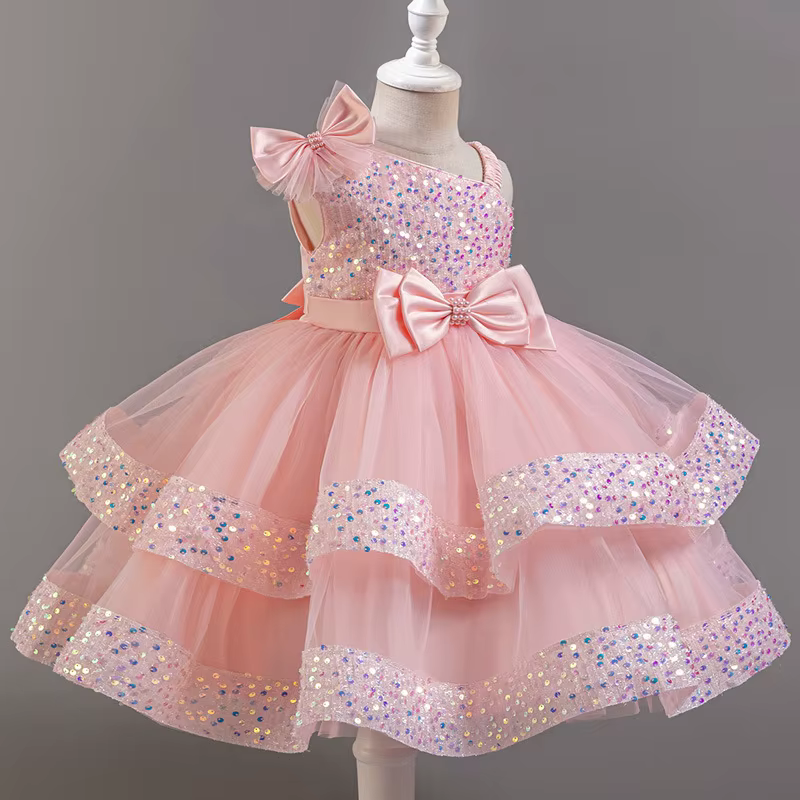 Robe de princesse en maille pour filles, avec nœud à paillettes, col irrégulier, pour fête d'anniver