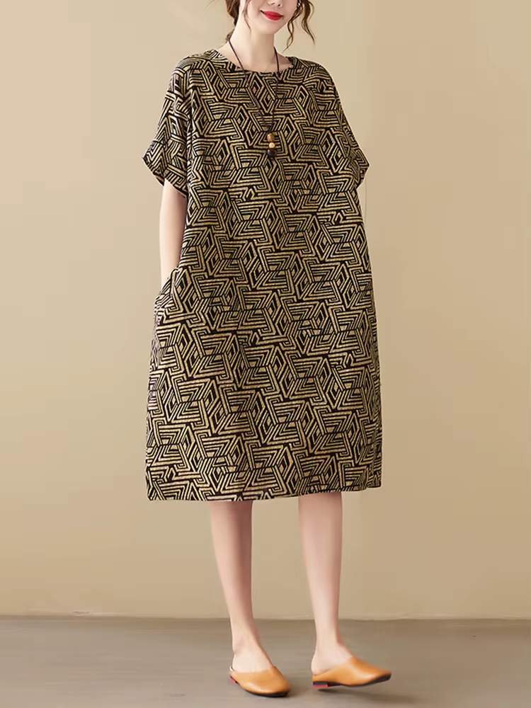 Robes d'été décontractées mi-longues en coton et lin à imprimé vintage pour femmes 2026 – Nouvelle c