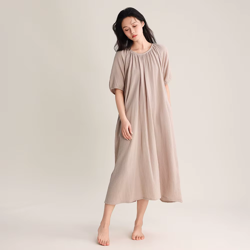 Chemise de nuit mi-longue à col rond pour femmes, chemise de nuit en coton, pull à manches courtes, 