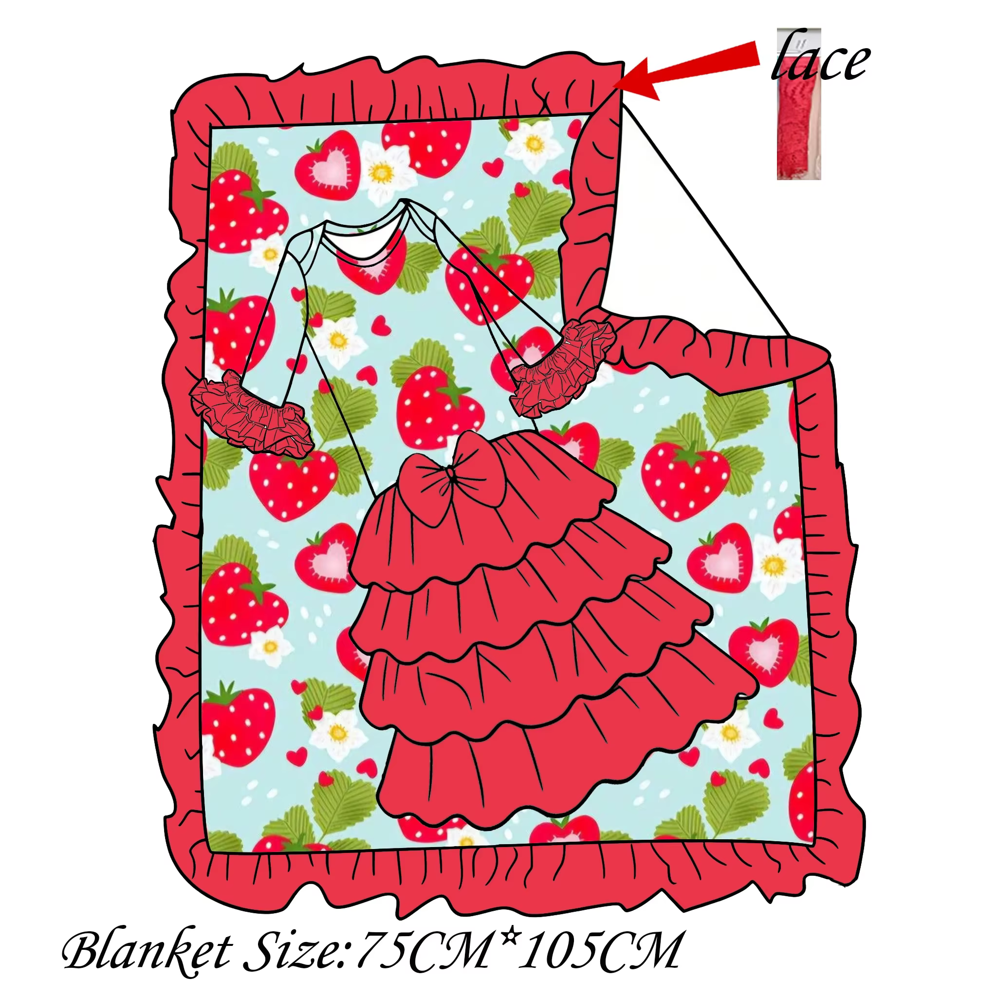 Ensemble Robe Bébé en Dentelle et Couverture Assortie, Rose Doux, Volants Floraux, Motif Fraise, Per