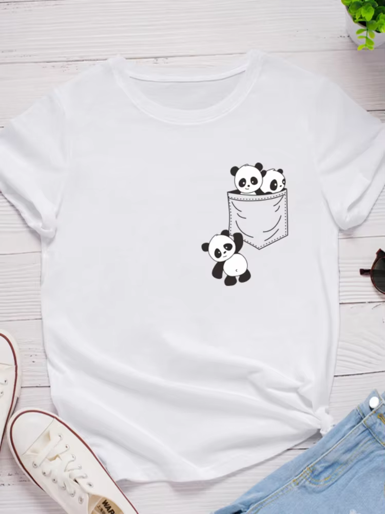 Poche Panda imprimer femmes t-shirt à manches courtes col rond lâche femmes t-shirt dames mode t-shi