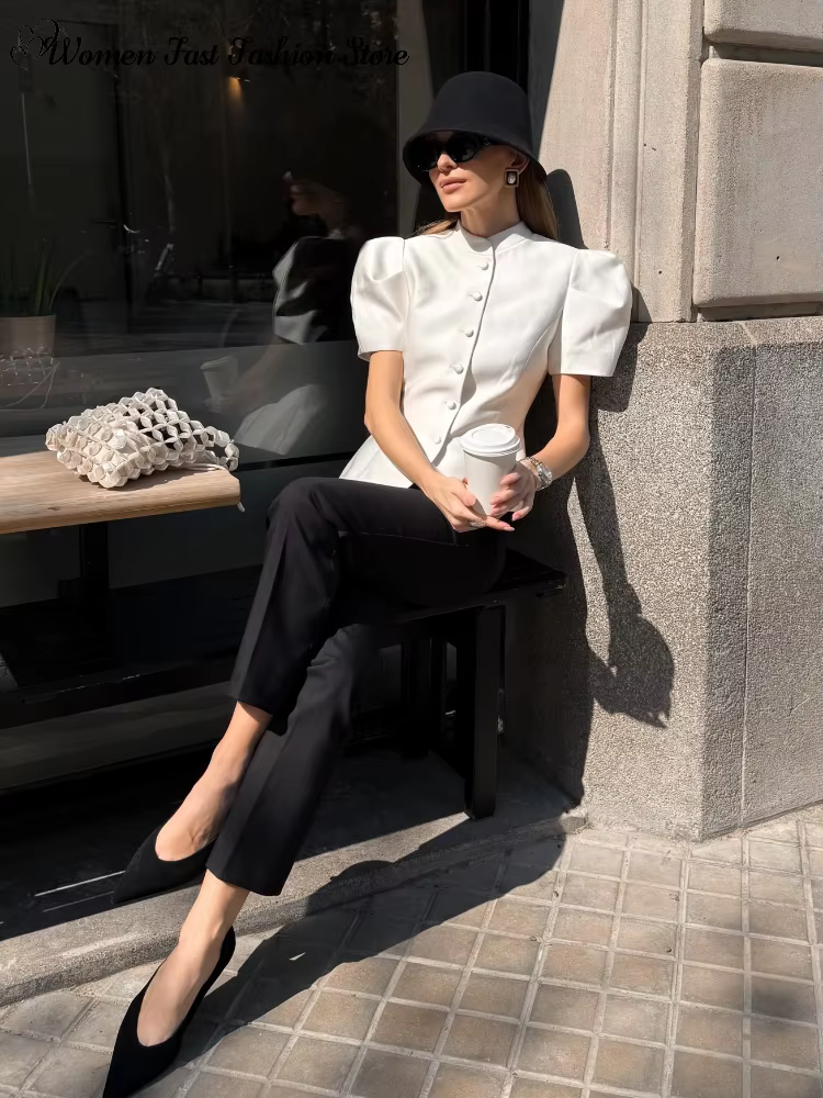 Manteau élégant à manches courtes et simple boutonnage pour femme, débardeurs unis à col rond, Nouve