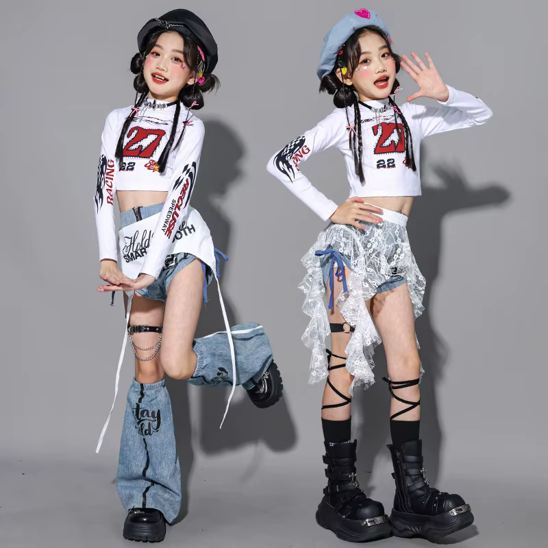 Vêtements de danse Kpop pour filles, tenue de spectacle de jazz sur scène, haut court blanc, short e