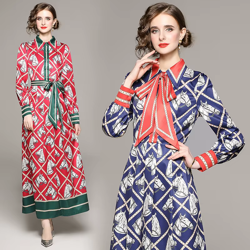 Banulin – robe longue à manches longues et col rabattu pour femme, chemise avec ceinture et nœud pap