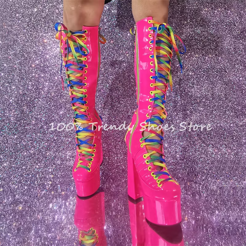 Arc-en-ciel à lacets plate-forme épaisse évider femmes bottes longues été Cool genou bottes hautes d