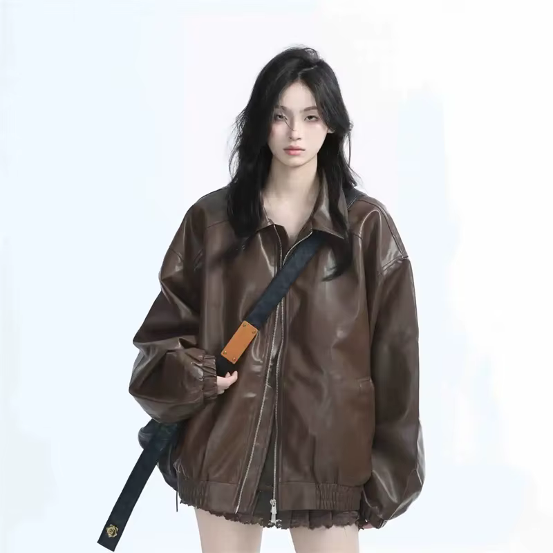 Veste rétro en Faux cuir pour femmes, mode printemps-automne, fermeture éclair, manteau en cuir à ma