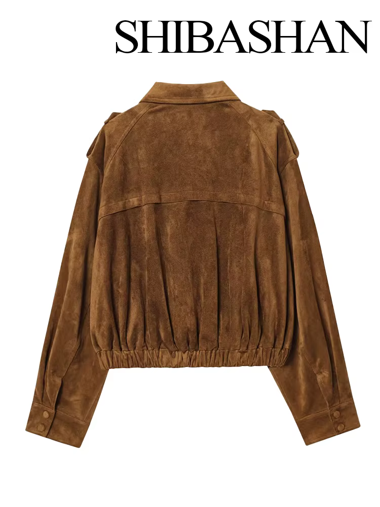 HH femmes 2025 automne mode polyvalent daim revers à manches longues manteau femme haute rue ample d