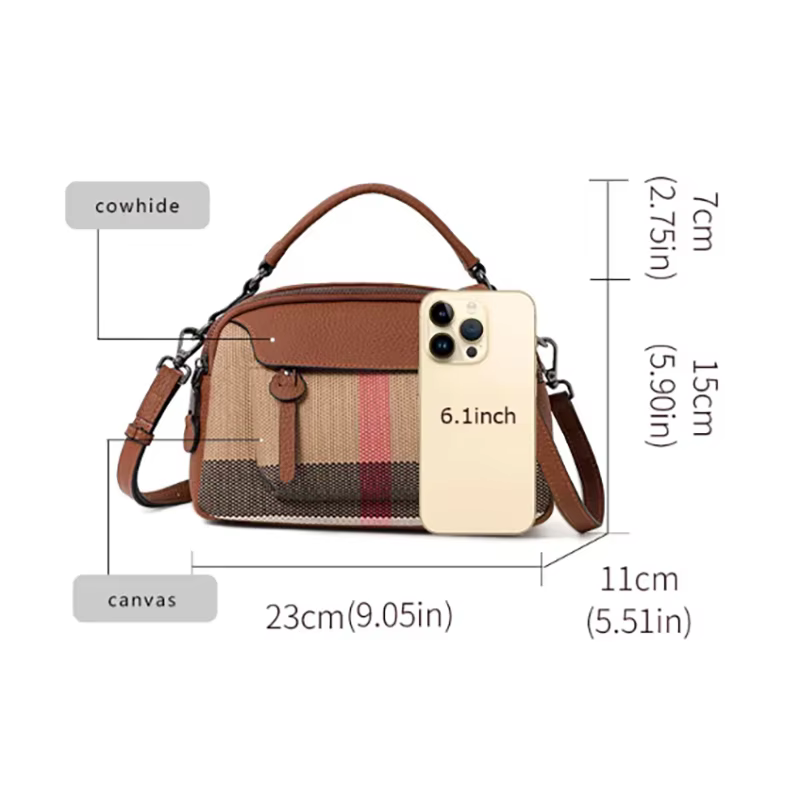 Sac fourre-tout vintage à carreaux pour femme - Toile de qualité - Mélange de cuir, haut élégant - S
