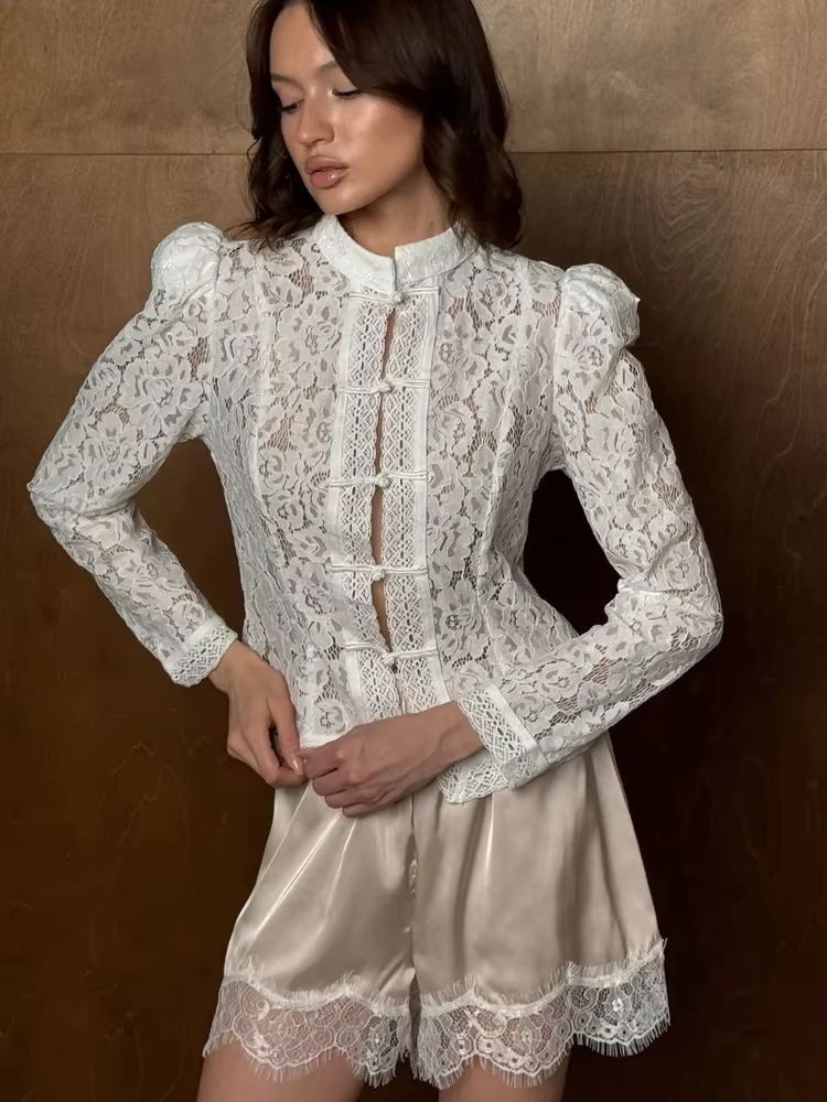 Tossy été dentelle imprimé dessus de chemise femme évider mode trajet Vintage transparent Blouse fem