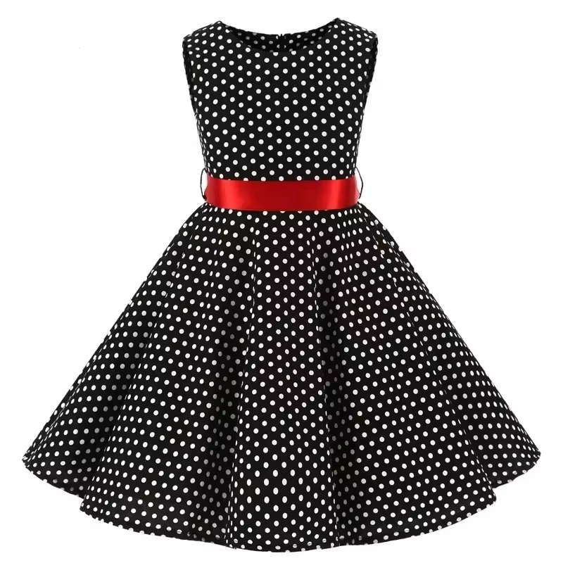 Robes en coton à pois vintage rétro pour filles, robes trapèze, jupe plissée, longueur genou, robe d