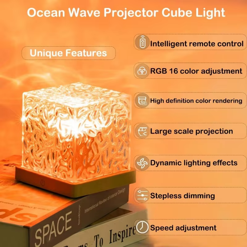 Projecteur d'ondulation d'eau rotatif dynamique, veilleuse 3/16 couleurs, lampe en cristal de flamme