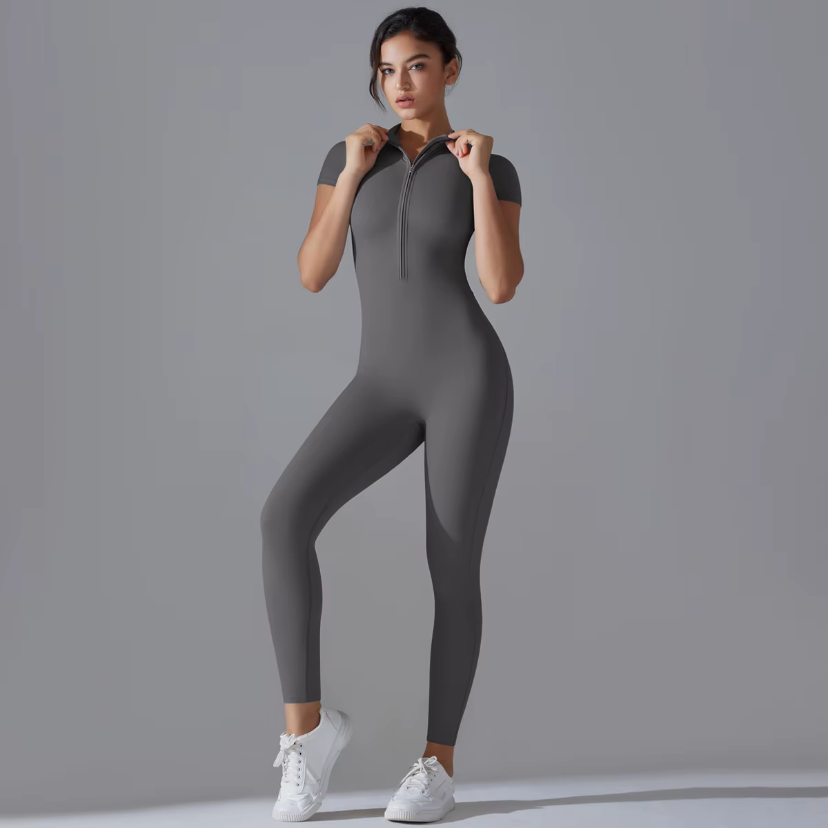 Ensemble de Yoga, combinaisons une pièce pour femmes, fermeture éclair, manches courtes, vêtements d
