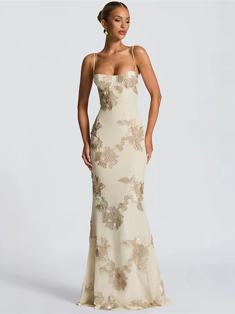 Nibber Élégant Fleur Broderie Maxi Robe Femmes Col Bas Croix Bandage Dos Nu D'été Rue Tendance Skinn