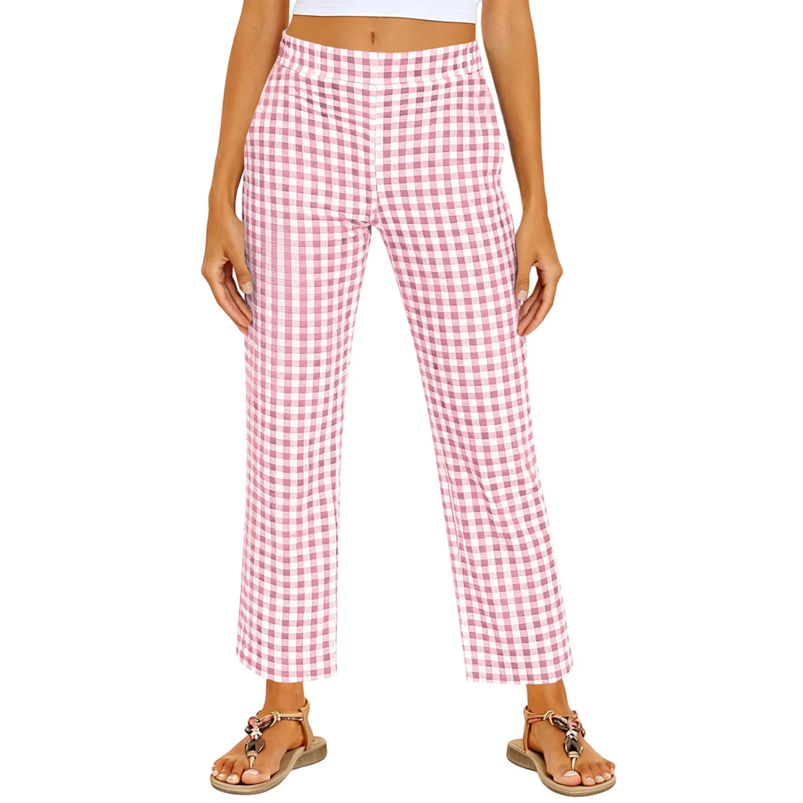 Pantalon décontracté à jambe droite à taille élastique en vichy pour femmes, à porter au quotidien,