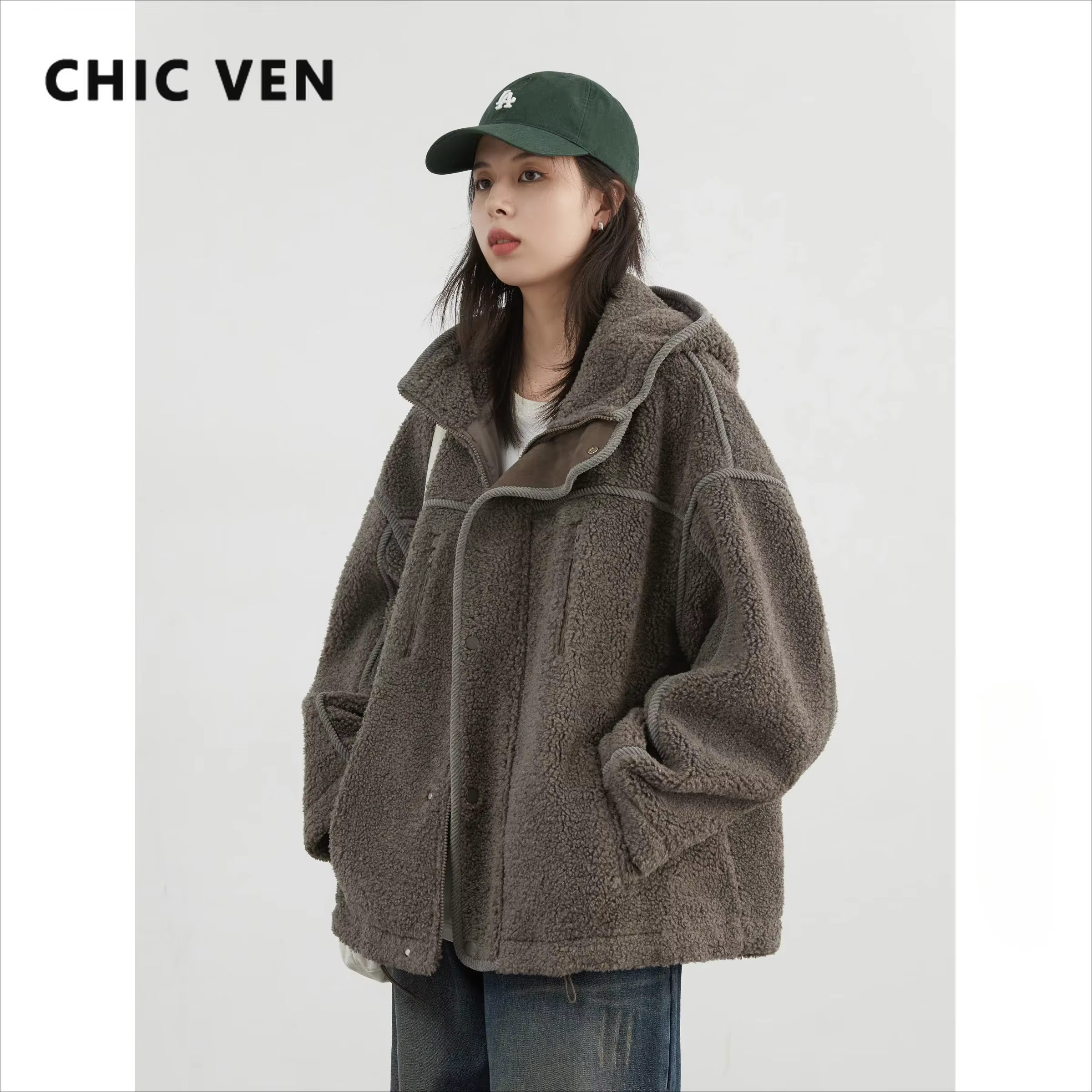 CHIC VEN-Veste à Capuche pour Femme, Manteau Chaud en Peluche, Col Montant, Couleur Unie, Nouvelle C