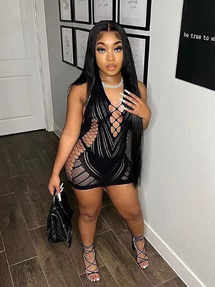 Robe courte dos nu en dentelle transparente pour femmes, chemise de nuit dos nu creux, pyjama sexy, 