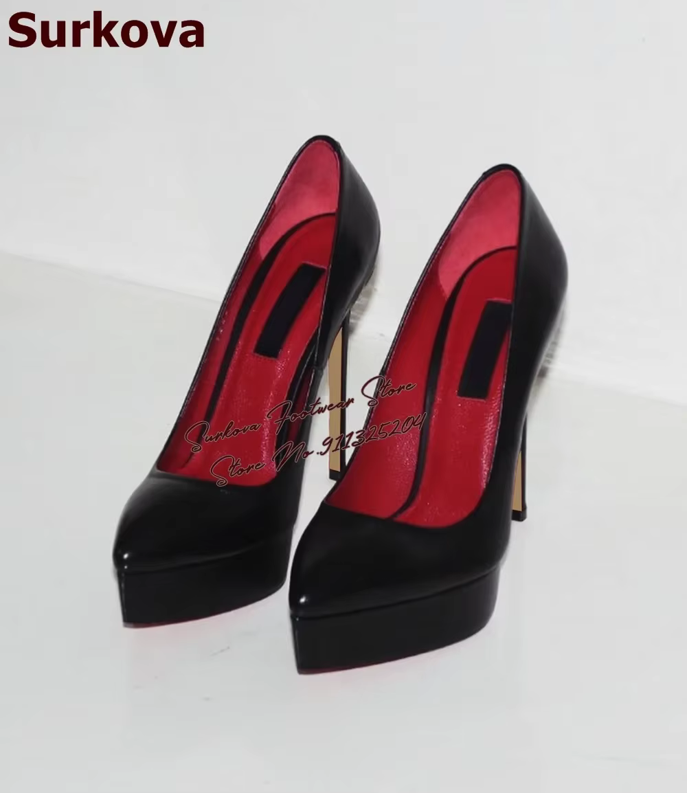 Surkova noir mat talon haut plate-forme robe pompes bout pointu sans lacet Banquet chaussures rouge 