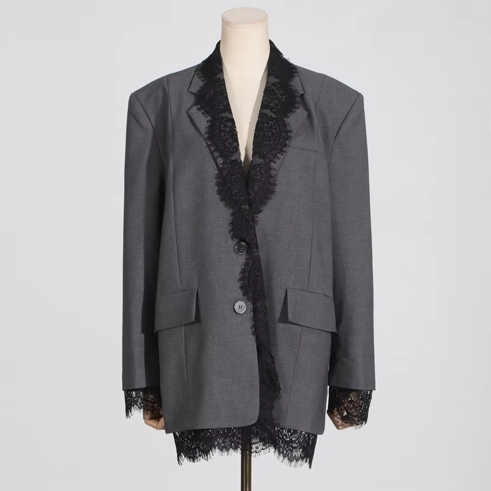 VGH-Blazer Chic en Dentelle Épissée pour Femme, Col Cranté, Manches sulf, Style de Vêtement Féminin