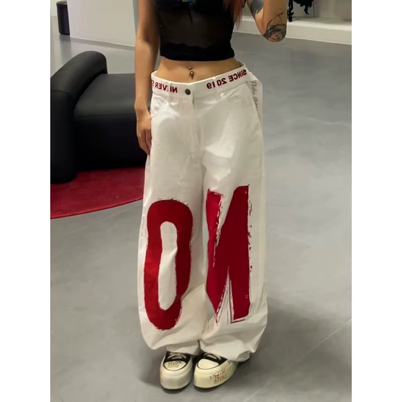 ZHIZOU femmes blanc lettre imprimer Y2k Baggy jean 2000s Style Denim pantalon Harajuku Vintage surdi