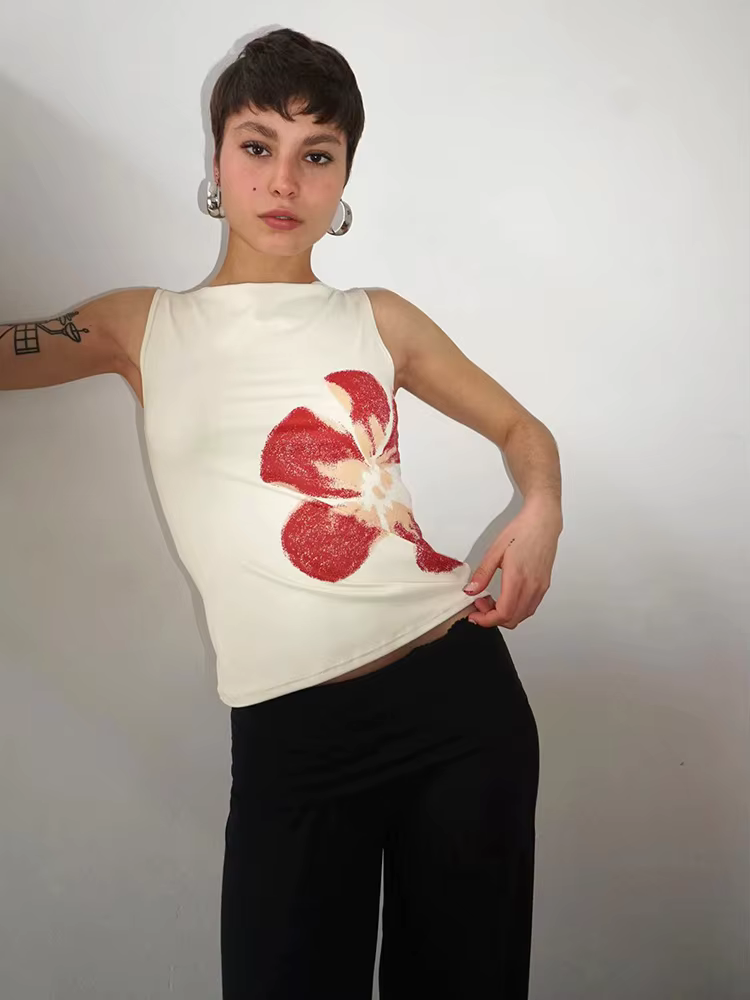 Débardeur court imprimé floral pour femmes, ajusté, col bateau, sans manches, haut d'été pour fête, 