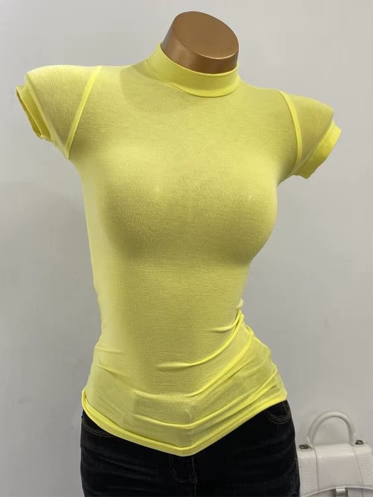T-shirt à Manches Courtes et Col Mi-haut, Haut Transparent, Coupe Slim, artificiel astique, Couleur