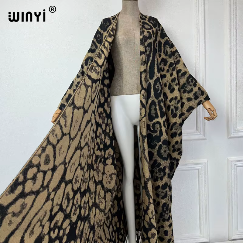 WINYI-Manteau d'Hiver Classique pour Femme, Cardigan à Franges Imprimé Léopard Optique, Long Manteau
