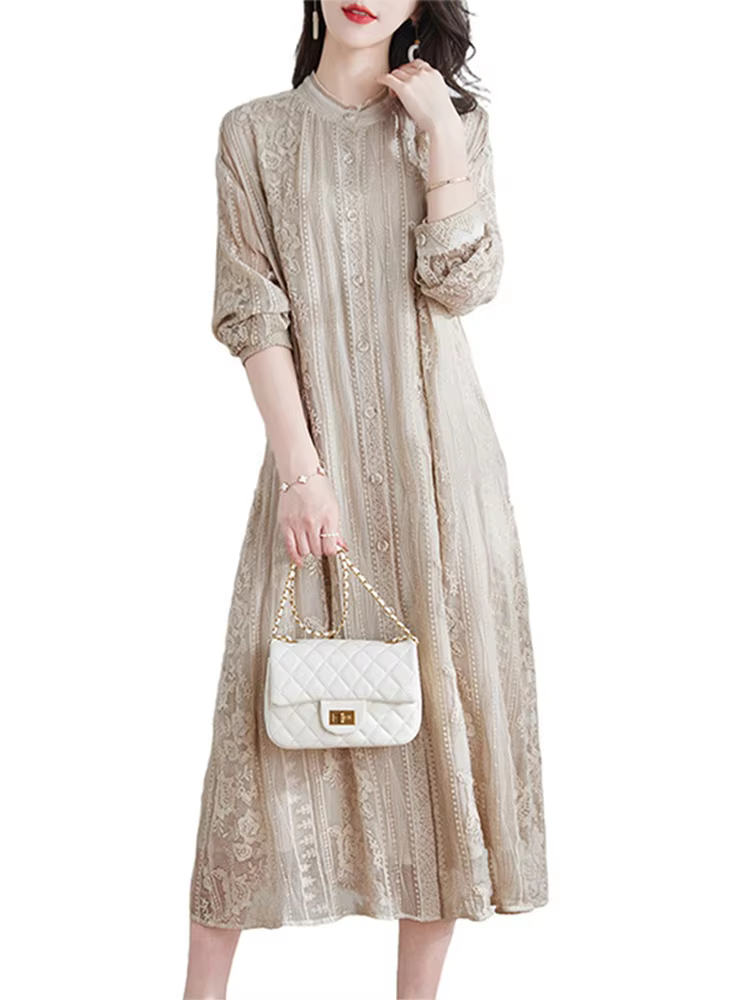 Birdtree-Robe mi-longue brodée en dentelle naturelle pour femme, robes taille haute à col rond, élég