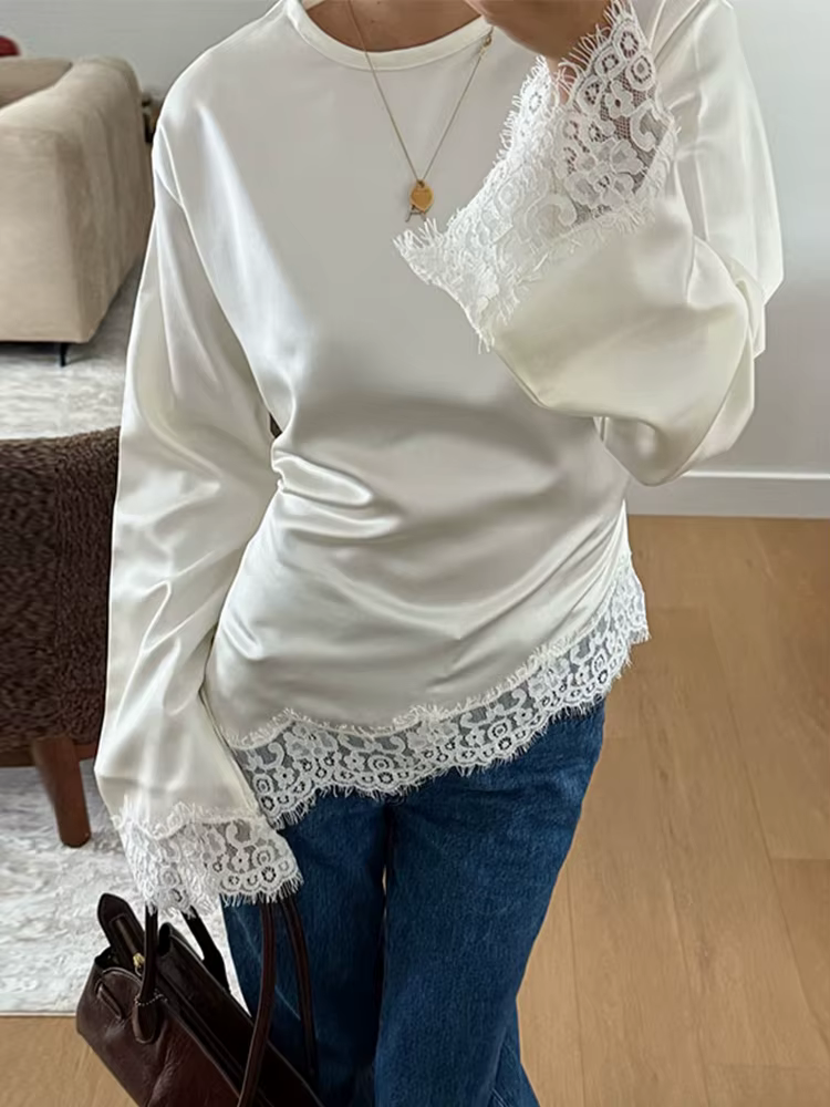 Blouses amples en patchwork à lacets pour femmes, pull-overs ajustés à ceinture et col rond, collect