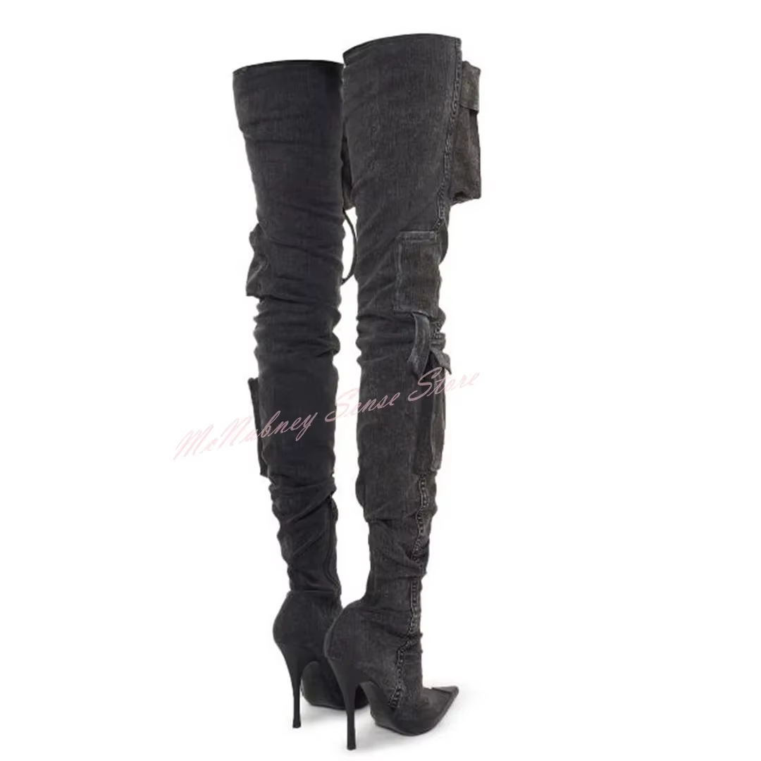 Bottes à lanières de poche en denim pour femmes, chaussures pointues Parker, talons aiguilles, cuiss