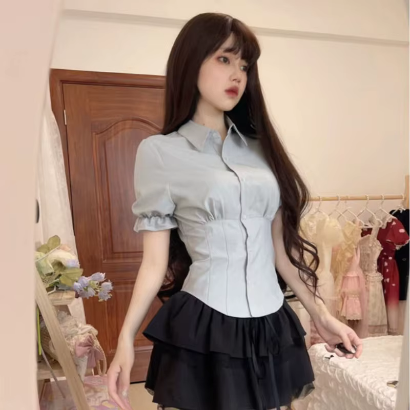 Chemises à Manches Courtes pour Femme, Slim, Plissé, Doux, Mignon, Preppy, Style Japonais, Y2k, Vête