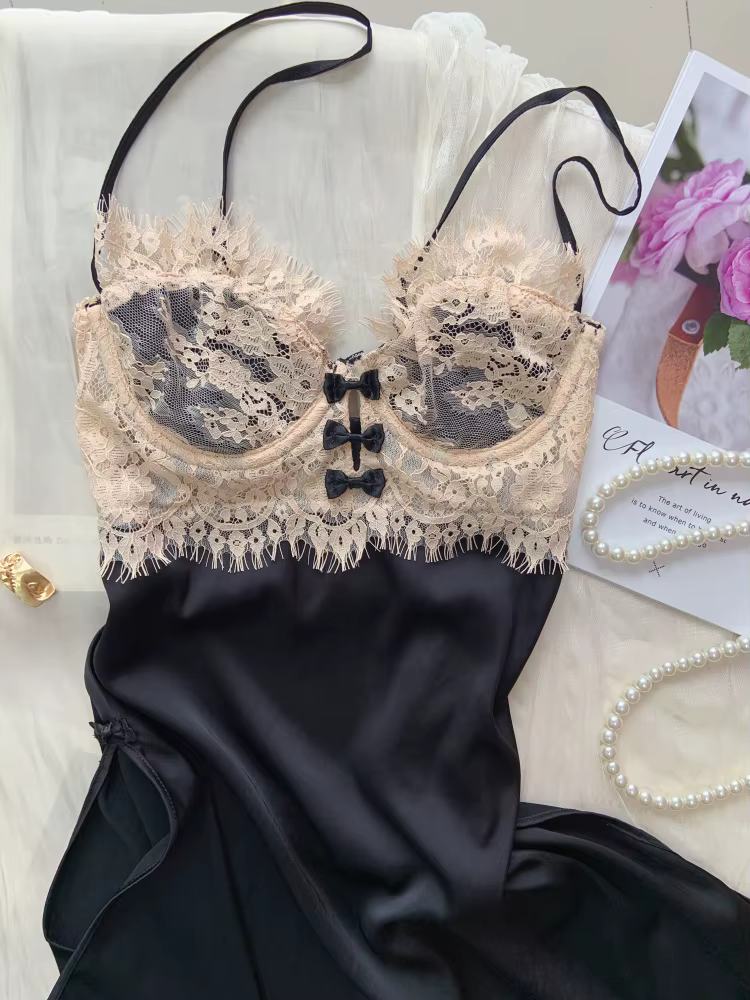 Vêtements de nuit violets pour dames, chemise de nuit à bretelles, Lingerie Sexy, cils en dentelle, 