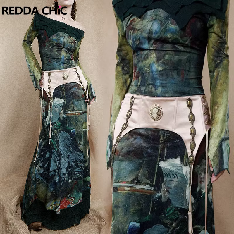 REDDACHIC-Ensemble de Robe Longue Cincher pour Femme, Imprimé Esthétique, Robe une Pièce, Porte-Jarr