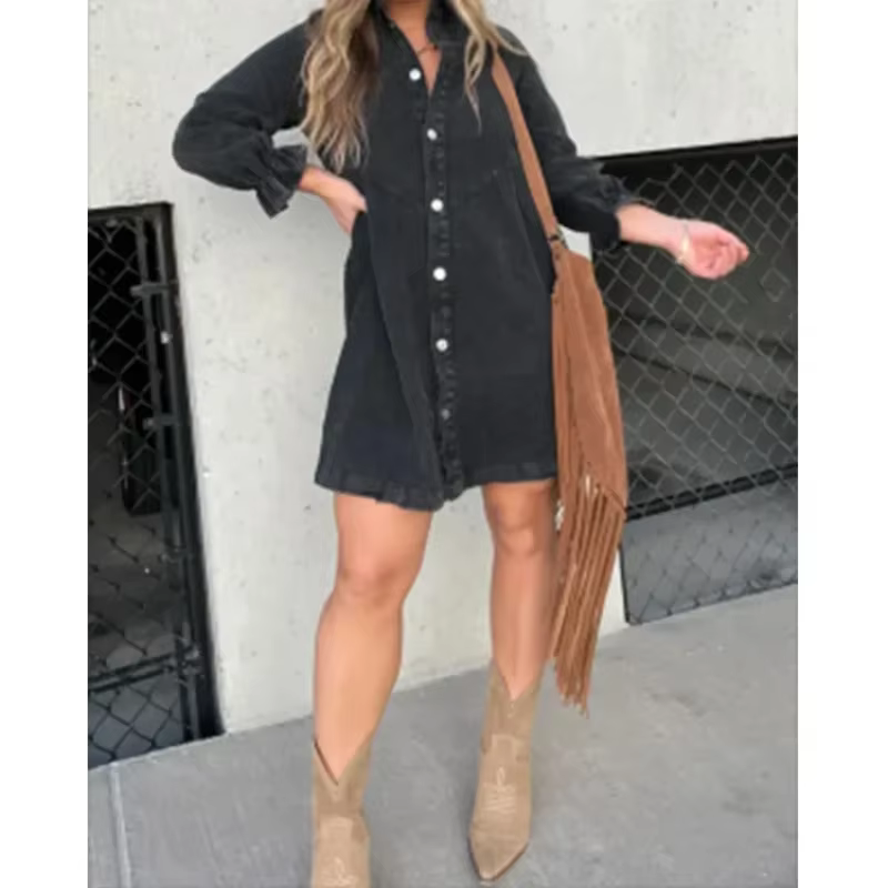 Robe chemise en jean pour femme, col rabattu, manches lanterne, simple boutonnage, ligne A, robe édu