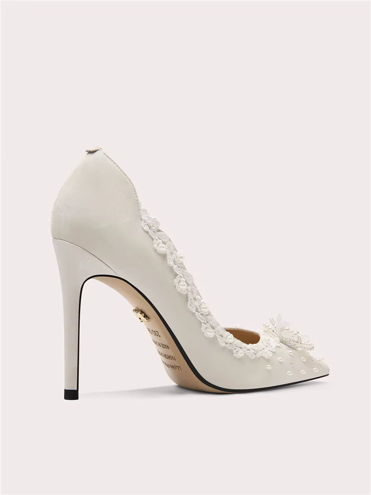 Printemps nouveau bout pointu dentelle peu profonde perle fleur tissu chaussures de mariage mince ta