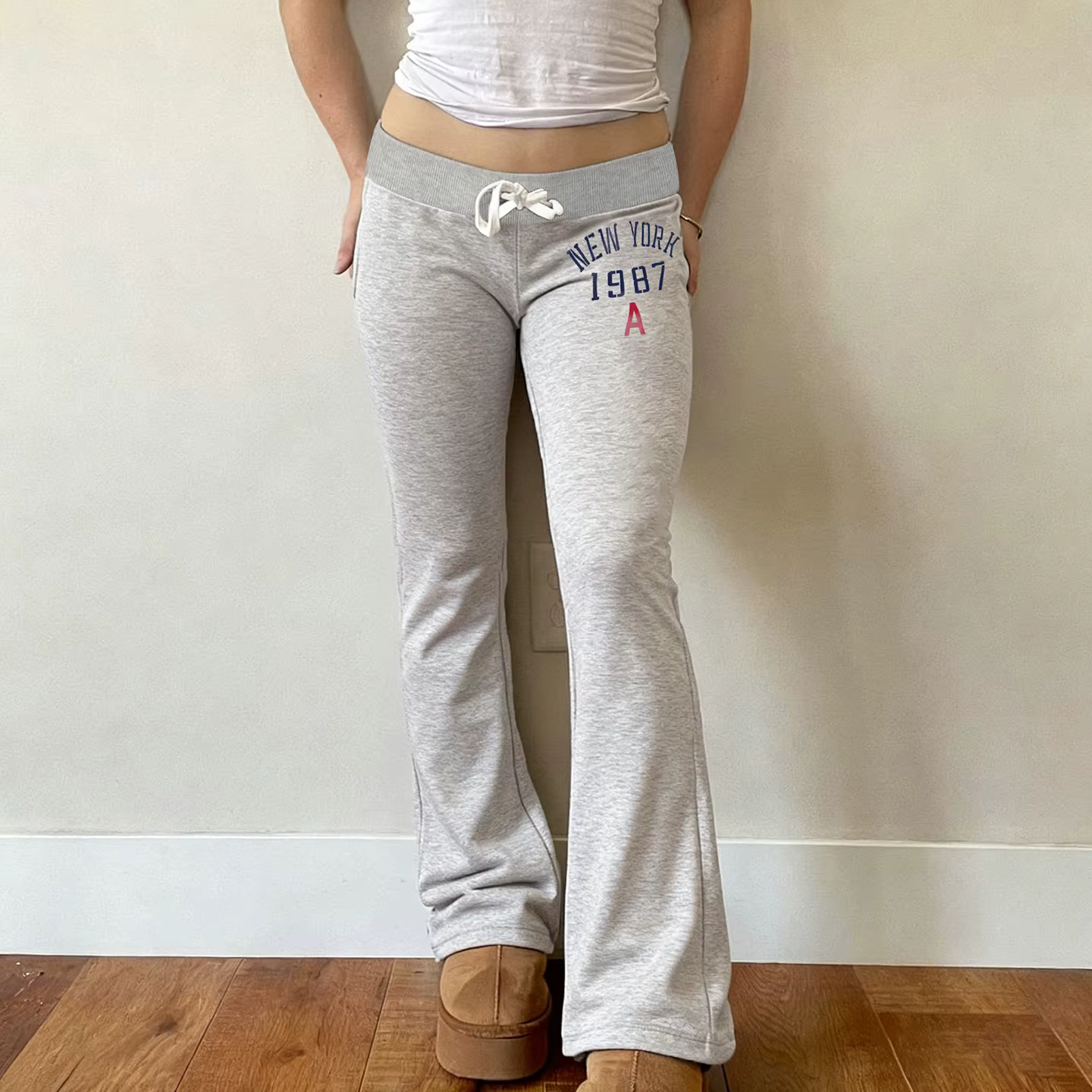 SUCHCUTE America Pantalon imprimé patchwork taille basse avec cordon de serrage, style streetwear Y2