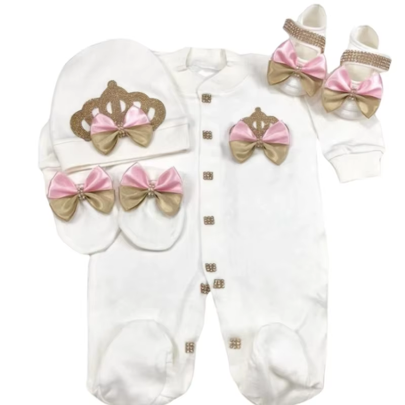 Combinaison à jambes longues pour nouveau-né 0-9 mois, ensemble de 4 pièces, blanc, rose, or, couron