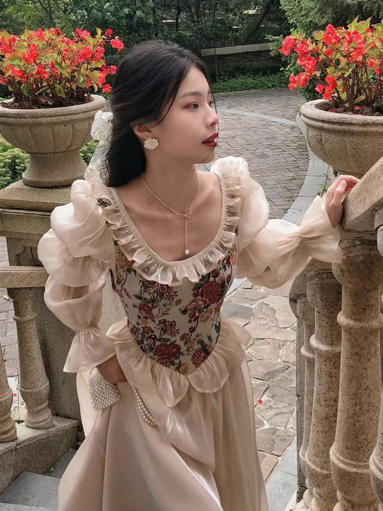 Vintage élégant imprimé robe florale femmes 2023 automne col rond décontracté soirée robe mi-longue 