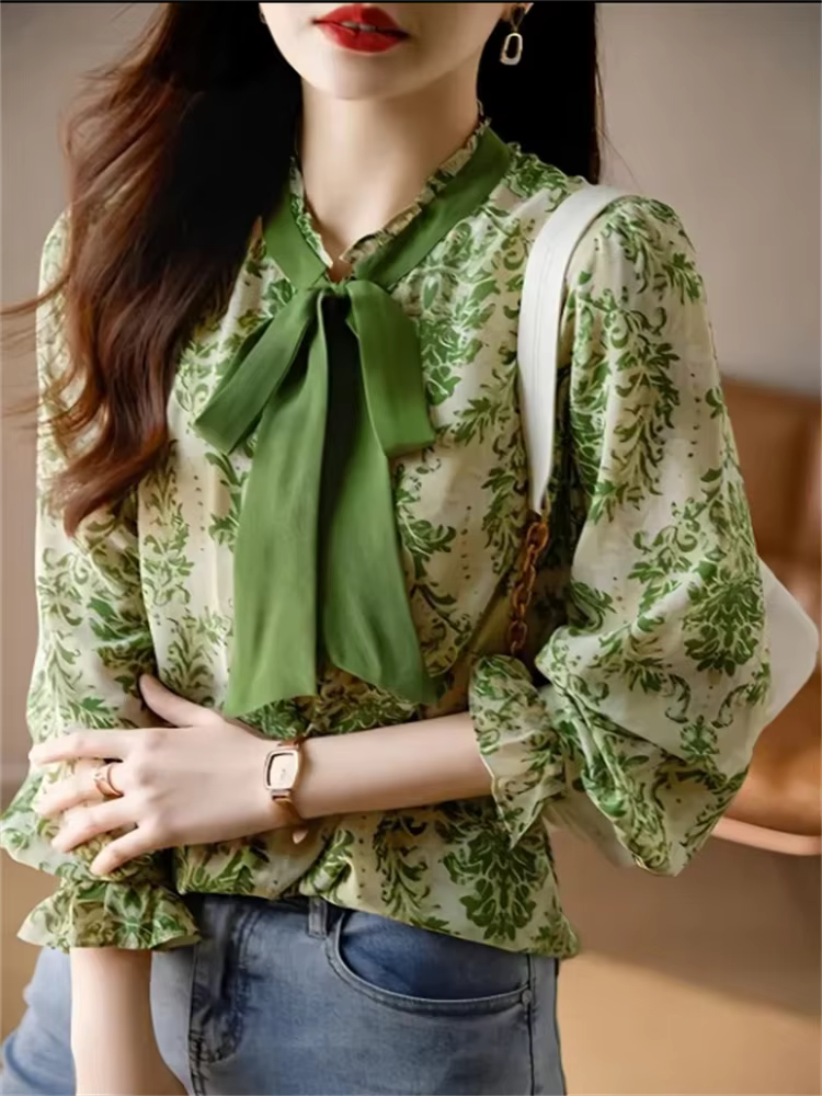 Chemise à volants avec nœud pour femme, manches lanterne, haut décontracté, col montant, ruban, chem