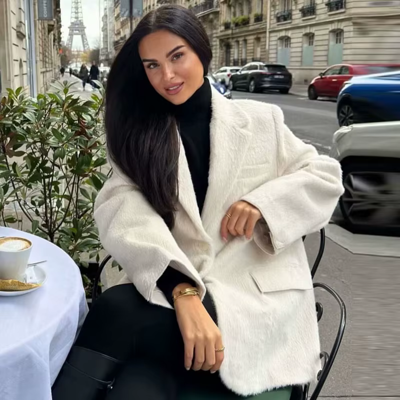 HXAO 2025 femmes Blazer fausse fourrure manteaux vêtements d'extérieur femme printemps vestes blanc 