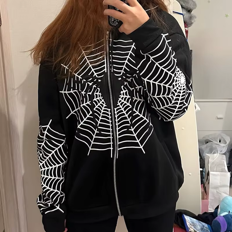 Y2k strass squelette veste à capuche femmes gothique noir fermeture éclair surdimensionné sweats fem