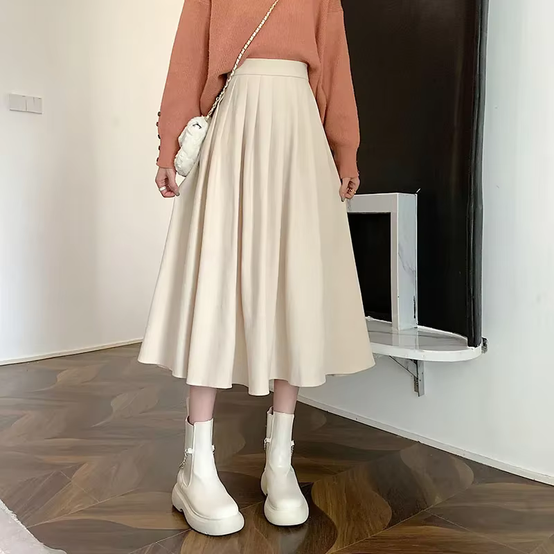 Xpqbb-Jupe Mi-Longue en Velours Côtelé pour Femme, Taille Haute, Style Collège, Plissée A-Line, Auto
