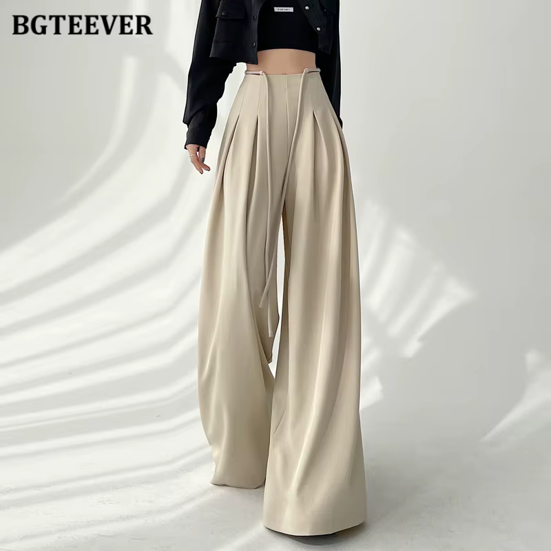 BGTEEVER élégant à lacets taille haute longueur au sol costume pantalon femmes printemps été poches 