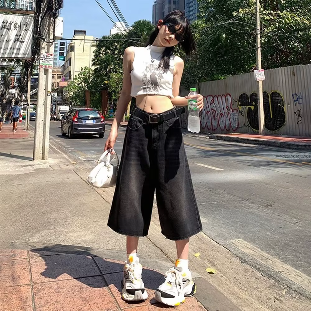 Jean Baggy Vintage pour femmes, Style américain, Y2k, ample, délavé, taille haute, longueur aux geno