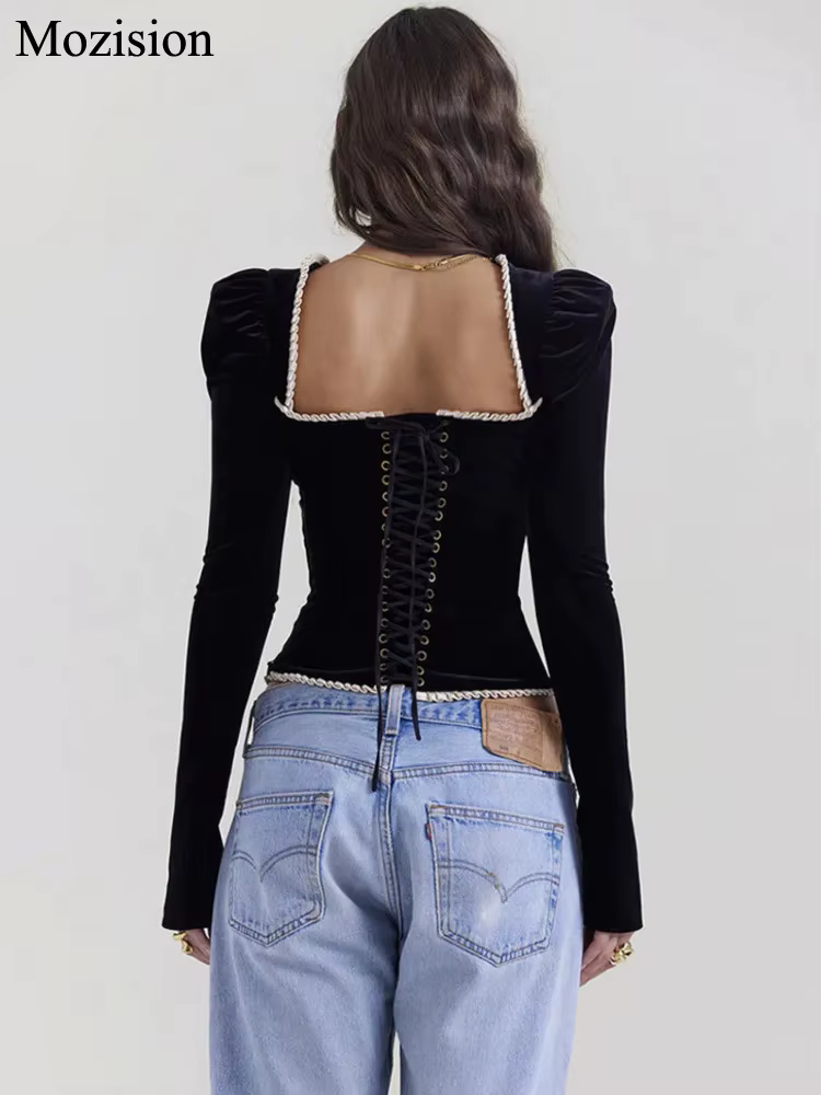 Mozision col carré dos nu pansement Sexy T-shirt femmes automne hiver nouveau noir épaulette manches