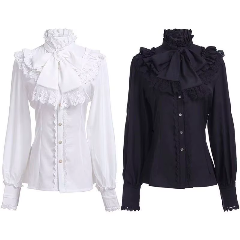 Chemisier Élégant Gothique pour Femme, Nouvelle Collection Printemps 2026, Col Montant à Volants, Bo