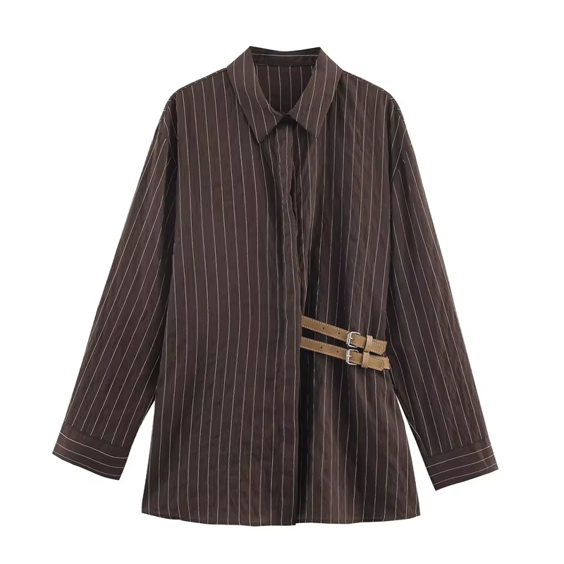 Chemise femme 2025 hiver nouveau Style chemise à manches longues rayée marron rougeâtre avec décor d