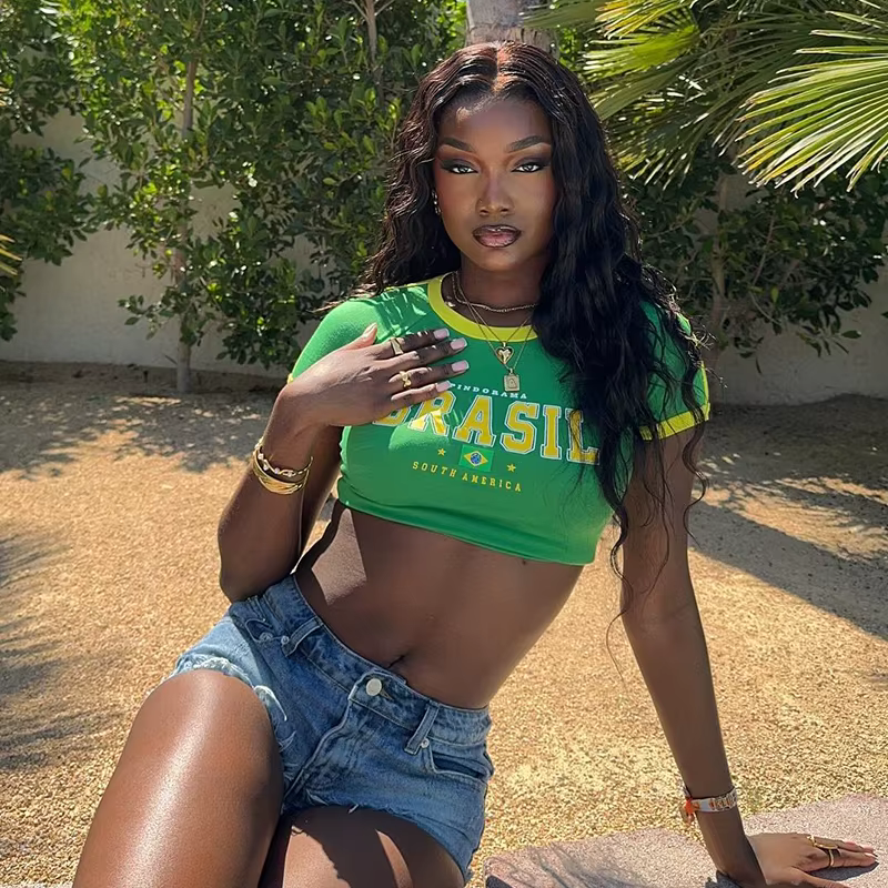 2024 Rétro Rue Esthétique Bébé T-shirt Femmes Vert Brésil Lettres Imprimé Récolte Hauts Décontracté 