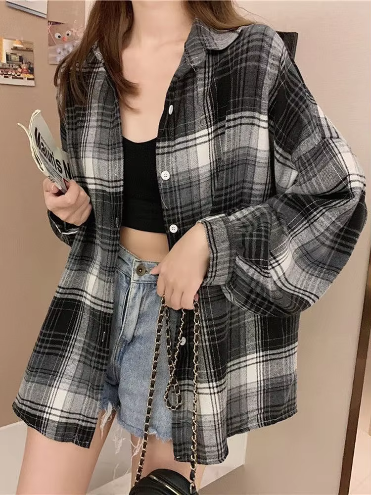 Chemise à carreaux pour femmes, haut à manches longues, Vintage, mode, simple boutonnage, Style Prep
