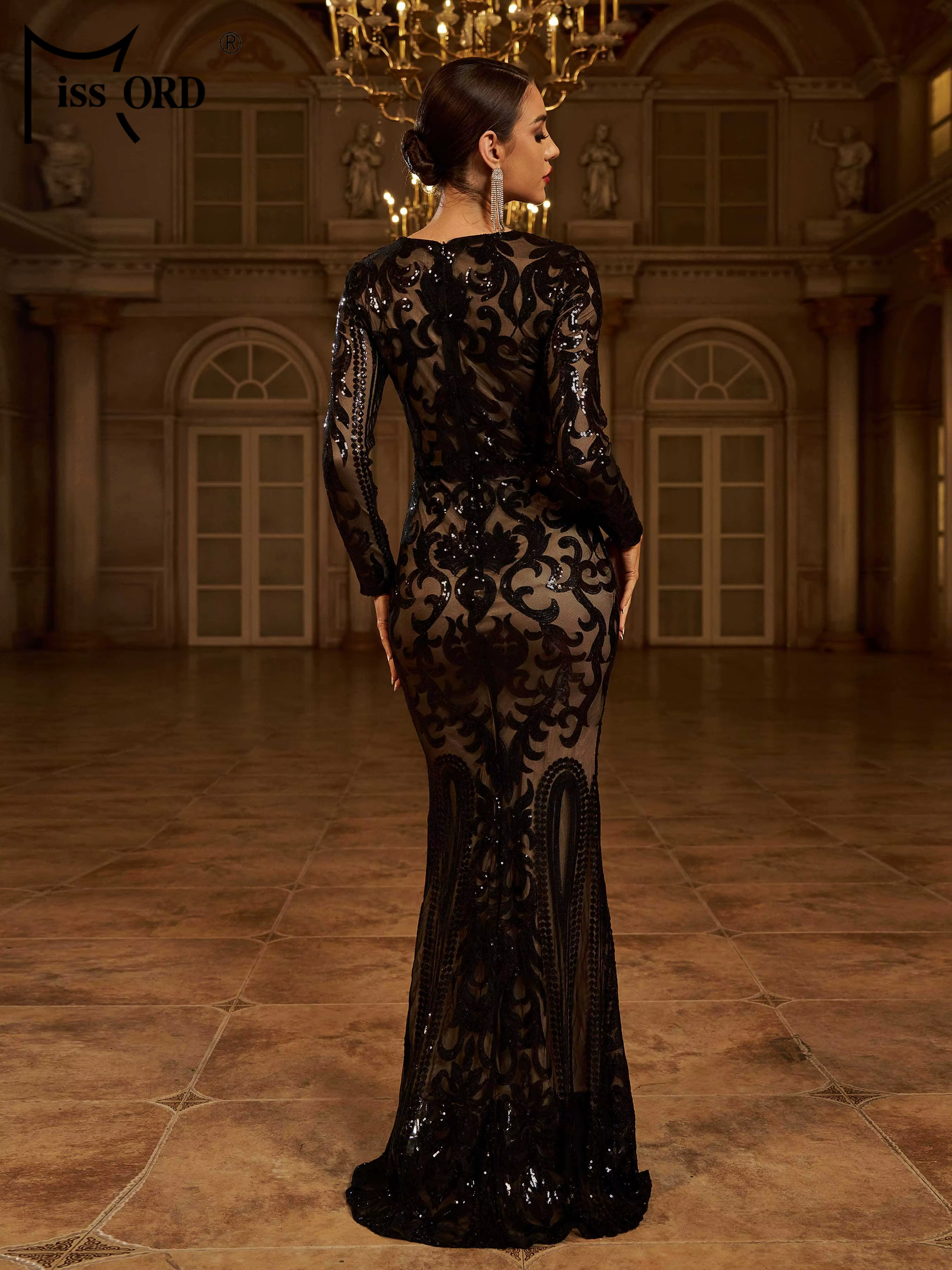 Missord nouveau col rond à manches longues paillettes sirène robe de soirée de mariage fête d'annive