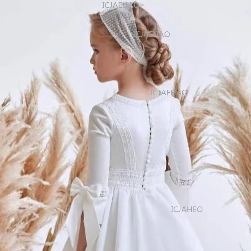 Nouvelle Robe de Cérémonie 2026 pour Enfants à Manches Courtes avec Nœud, Tenue de Fête d'Anniversai